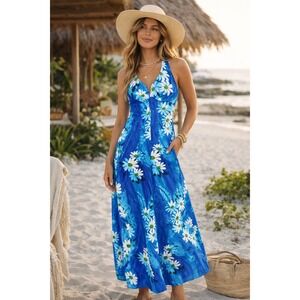 W1‎ Hawaiian Maxi Dress Blue Floral Halter Neck Vintage Resort Wear Size 6